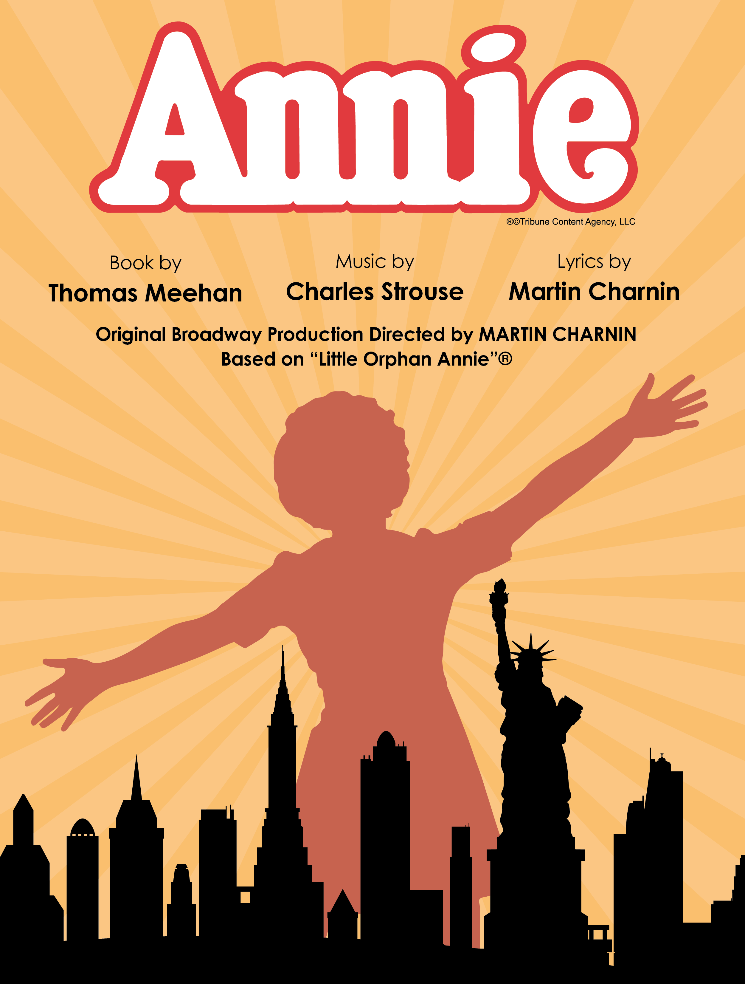 A silhouette of little orphan Annie behind a silhouette of the New York City skyline.