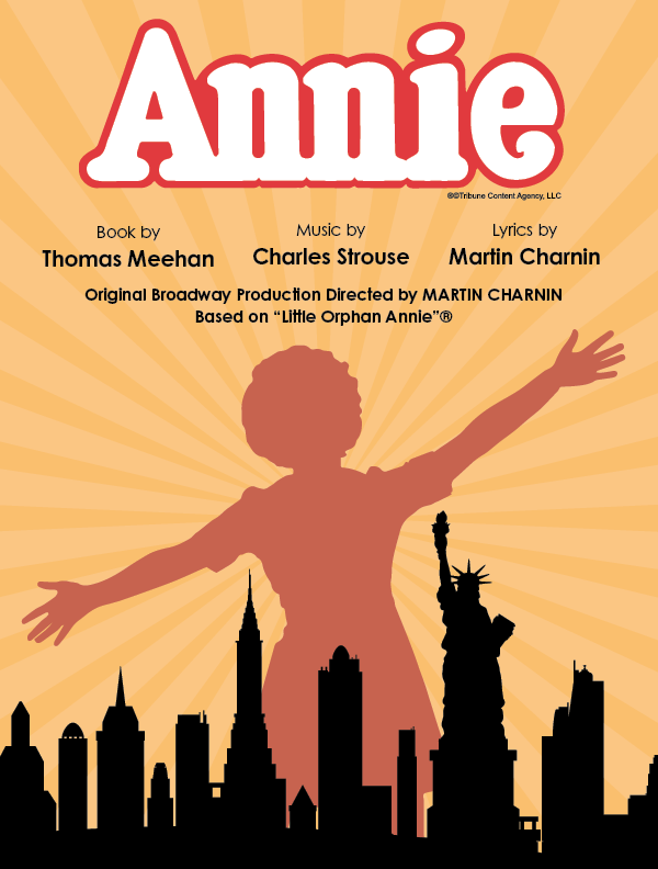 A silhouette of little orphan Annie behind a silhouette of the New York City skyline with the title Annie