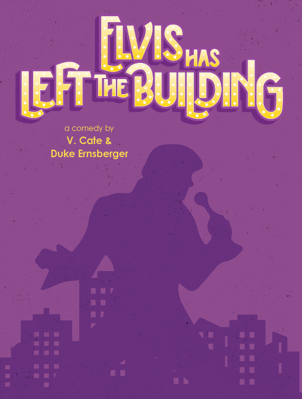 A purple silhouette of Elvis singing, in front of a silhouette of city buildings