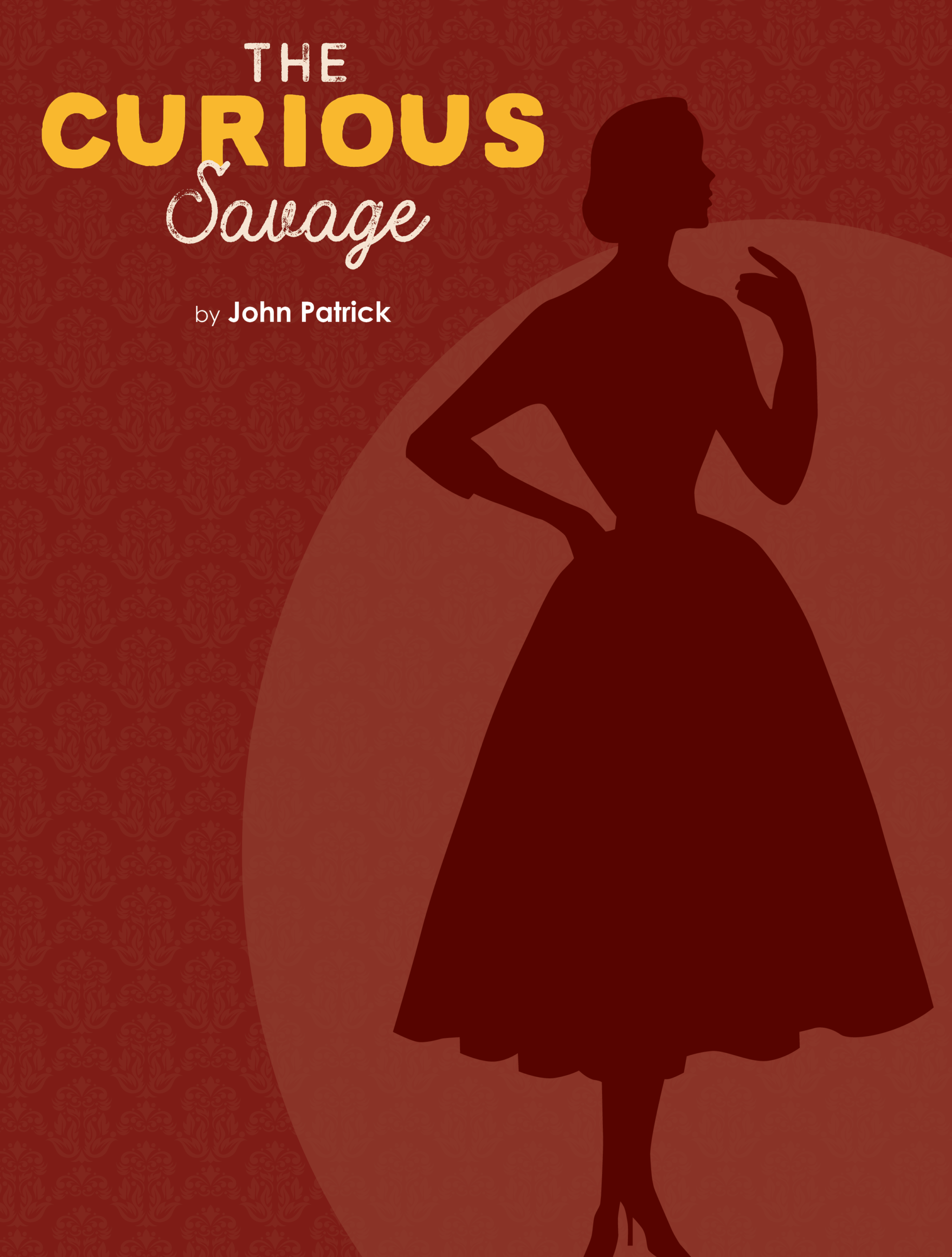 A silhouette of a woman in a shirtwaist dress with the title The Curious Stranger by John Patrick